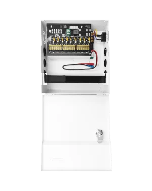 Fuente de Poder con ajuste de voltaje de 11- 15 Vcc / 10 A / 9 Salidas / Capacidad de Batería de Respaldo / Requiere Batería / Voltaje de Entrada 96-264 Vca