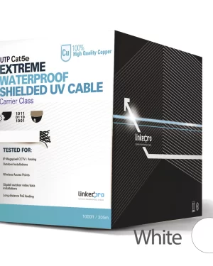 Bobina de cable de 305 m, Cat5e, para intemperie, sin blindar, color blanco, UL, para aplicaciones en CCTV, redes de datos.