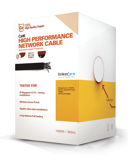 Bobina de cable de 305 metros Cat6+, CM, CALIBRE 23 ALTO RENDIMIENTO, ETL,UL, color azul, super flexible, para aplicaciones de video vigilancia, video HD, y redes de datos. Uso interior.